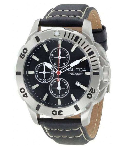 Nautica Chronograph Black Leather Clasp N18641G Mens Watch