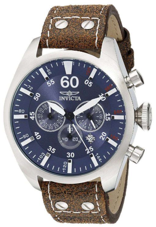 Invicta Aviator Chronograph Blue Dial Dark Brown Leather 19668 Men's Watch