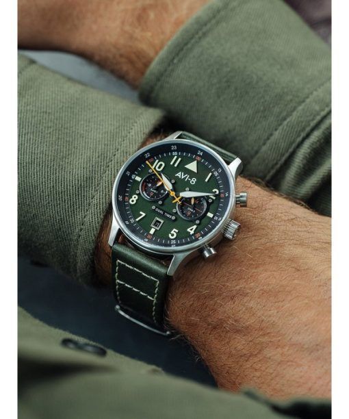 AVI-8 Hawker Hurricane Carey Dual Time Merville 그린 다이얼 쿼츠 AV-4088-02 남성용 시계