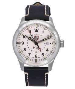 Luminox Air Pilot P-38 Lightning GMT 블랙 가죽 스트랩 화이트 다이얼 스위스 쿼츠 XA.9527 100M 남성용 시계