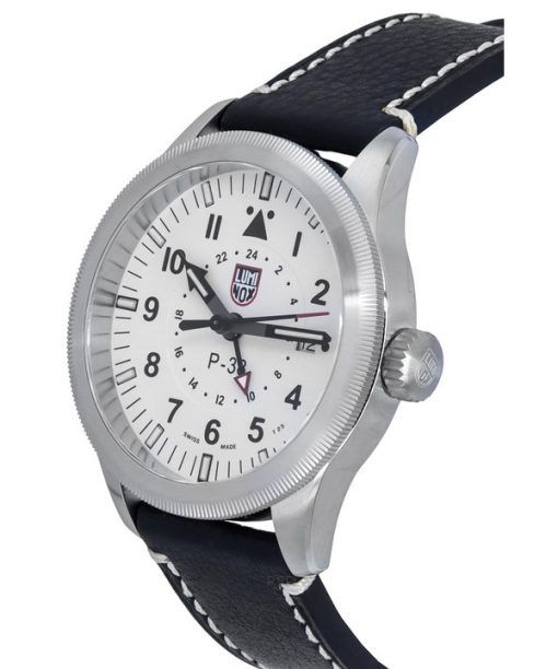 Luminox Air Pilot P-38 Lightning GMT 블랙 가죽 스트랩 화이트 다이얼 스위스 쿼츠 XA.9527 100M 남성용 시계