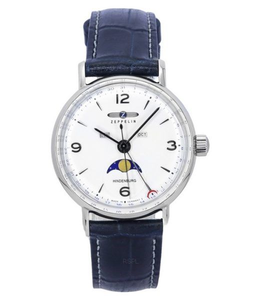 Zeppelin LZ129 Hindenburg Moon Phase Leather Strap 화이트 다이얼 쿼츠 80771 남성용 시계