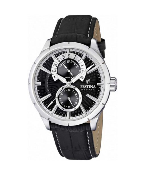 Festina 레트로 가죽 스트랩 다기능 블랙 다이얼 쿼츠 F16573-3 남성용 시계