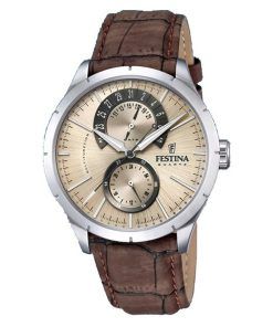 Festina 레트로 가죽 스트랩 다기능 베이지 다이얼 쿼츠 F16573-9 남성용 시계