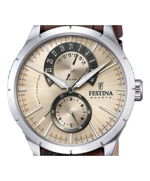 Festina 레트로 가죽 스트랩 다기능 베이지 다이얼 쿼츠 F16573-9 남성용 시계