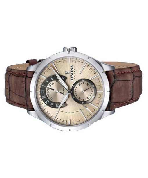 Festina 레트로 가죽 스트랩 다기능 베이지 다이얼 쿼츠 F16573-9 남성용 시계