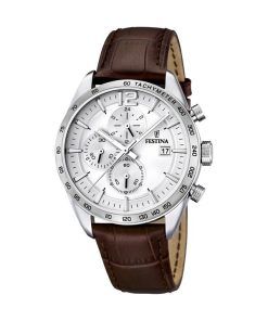 Festina Timeless 크로노그래프 가죽 스트랩 실버 다이얼 쿼츠 F16760-1 남성용 시계