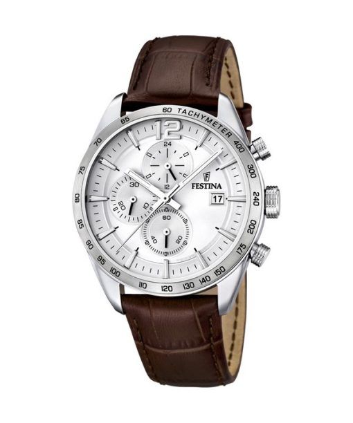 Festina Timeless 크로노그래프 가죽 스트랩 실버 다이얼 쿼츠 F16760-1 남성용 시계