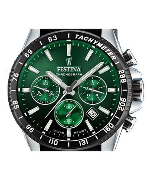 Festina Timeless 크로노그래프 가죽 스트랩 그린 다이얼 쿼츠 F20561-5 100M 남성용 시계