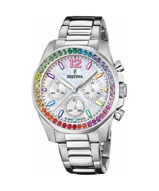 Festina Rainbow 크로노그래프 스테인레스 스틸 크리스탈 액센트 실버 다이얼 쿼츠 F20606-2 100M 여성용 시계