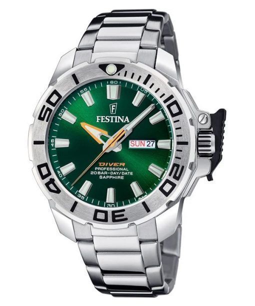 Festina 다이버 스테인레스 스틸 그린 다이얼 쿼츠 F20665-2 200M 남성용 시계(추가 스트랩 포함)