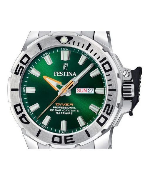 Festina 다이버 스테인레스 스틸 그린 다이얼 쿼츠 F20665-2 200M 남성용 시계(추가 스트랩 포함)