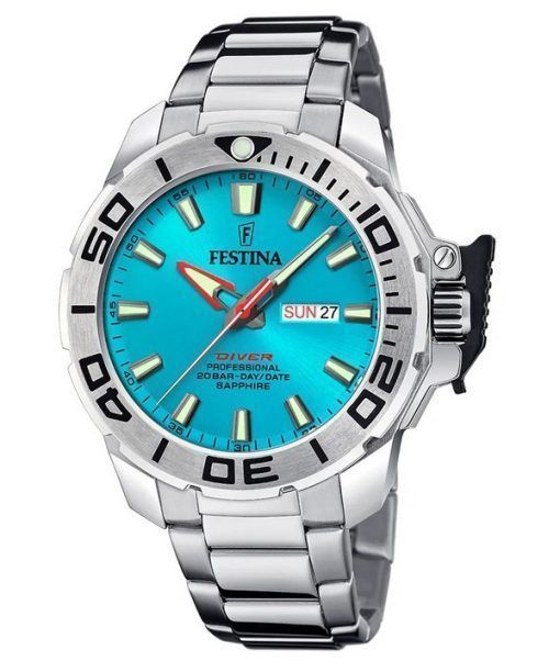 Festina 다이버 스테인레스 스틸 청록색 다이얼 쿼츠 F20665-6 200M 남성용 시계(추가 스트랩 포함)