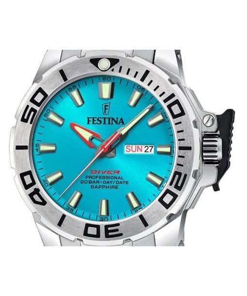 Festina 다이버 스테인레스 스틸 청록색 다이얼 쿼츠 F20665-6 200M 남성용 시계(추가 스트랩 포함)