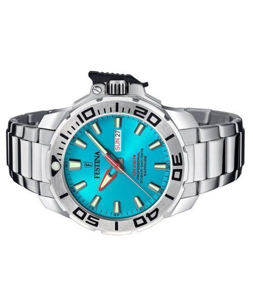 Festina 다이버 스테인레스 스틸 청록색 다이얼 쿼츠 F20665-6 200M 남성용 시계(추가 스트랩 포함)