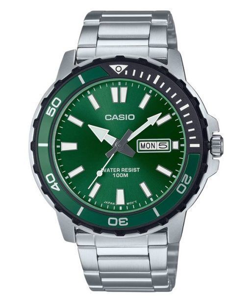 Casio 표준 아날로그 스테인레스 스틸 그린 다이얼 쿼츠 MTD-125D-3AV 100M 남성용 시계