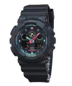 Casio G-Shock 아날로그 디지털 멀티 형광 악센트 시리즈 수지 스트랩 블랙 다이얼 쿼츠 GA-100MF-1A 200M 남성용 시계