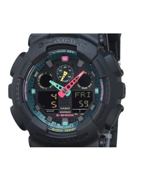 Casio G-Shock 아날로그 디지털 멀티 형광 악센트 시리즈 수지 스트랩 블랙 다이얼 쿼츠 GA-100MF-1A 200M 남성용 시계