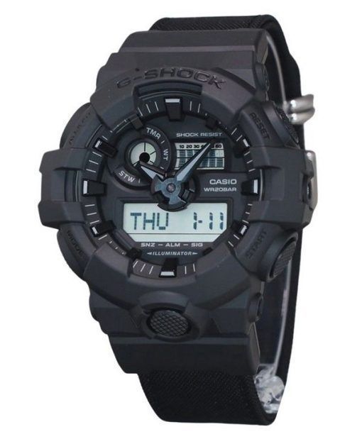 Casio G-Shock 아날로그 디지털 에코 천 스트랩 블랙 다이얼 쿼츠 GA-700BCE-1A 200M 남성용 시계