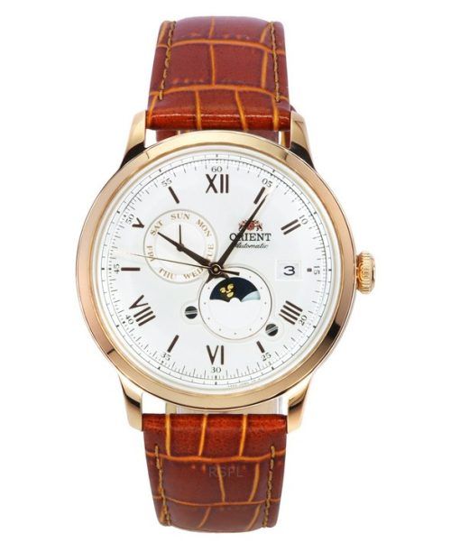 Orient Bambino 버전 9 클래식 Sun 및 Moon Phase 가죽 스트랩 화이트 다이얼 자동 RA-AK0801S00C 남성용 시계