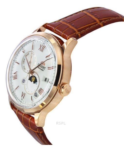 Orient Bambino 버전 9 클래식 Sun 및 Moon Phase 가죽 스트랩 화이트 다이얼 자동 RA-AK0801S00C 남성용 시계