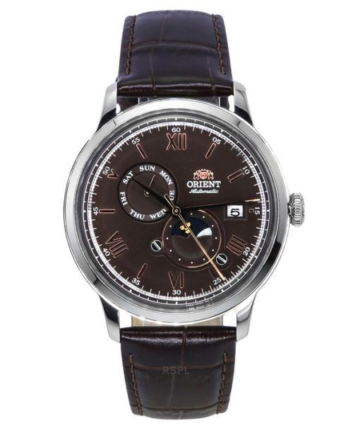 Orient Bambino 버전 9 클래식 Sun 및 Moon Phase 가죽 스트랩 브라운 다이얼 자동 RA-AK0804Y00C 남성용 시계