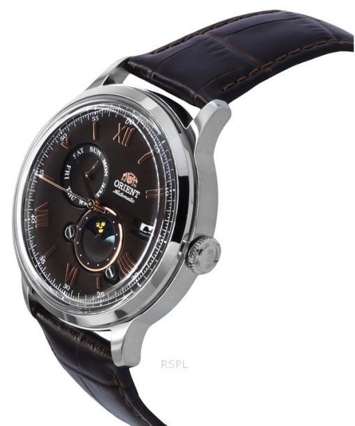 Orient Bambino 버전 9 클래식 Sun 및 Moon Phase 가죽 스트랩 브라운 다이얼 자동 RA-AK0804Y00C 남성용 시계