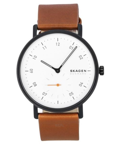 Skagen Kuppel 브라운 가죽 스트랩 화이트 다이얼 쿼츠 SKW6889 남성용 시계