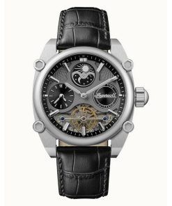 Ingersoll The Varsity Sun And Moon Phase 가죽 스트랩 스켈레톤 그레이 다이얼 오토매틱 I15402 남성용 시계