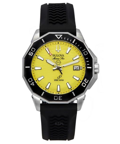 Bulova Marine Star 블랙 실리콘 스트랩 옐로우 다이얼 Precisionist Quartz 다이버 200M 96B431 남성용 시계