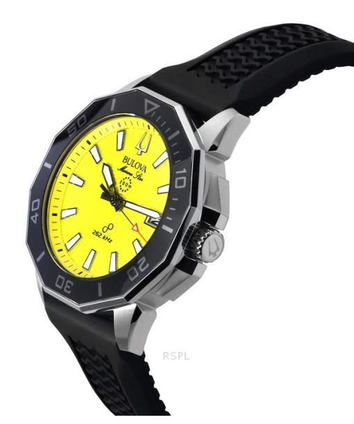 Bulova Marine Star 블랙 실리콘 스트랩 옐로우 다이얼 Precisionist Quartz 다이버 200M 96B431 남성용 시계