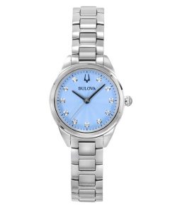 Bulova Sutton 다이아몬드 악센트 스테인레스 스틸 라이트 블루 다이얼 쿼츠 96P250 여성용 시계