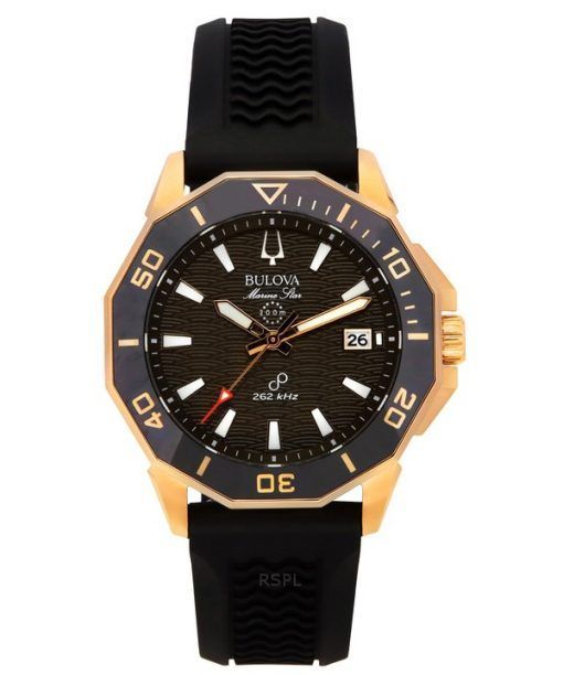 Bulova Marine Star 블랙 실리콘 스트랩 브라운 다이얼 Precisionist Quartz 다이버 200M 98B421 남성용 시계