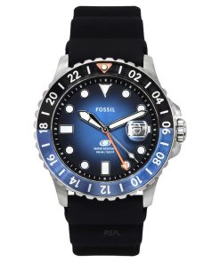 화석 블루 GMT 실리콘 스트랩 검정 및 파랑 Sunray 다이얼 쿼츠 FS6049 100M 남성용 시계