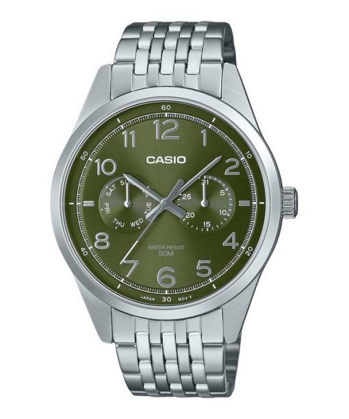 Casio 표준 아날로그 스테인레스 스틸 그린 다이얼 쿼츠 MTP-E340D-3AV 남성용 시계