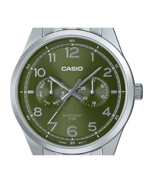 Casio 표준 아날로그 스테인레스 스틸 그린 다이얼 쿼츠 MTP-E340D-3AV 남성용 시계