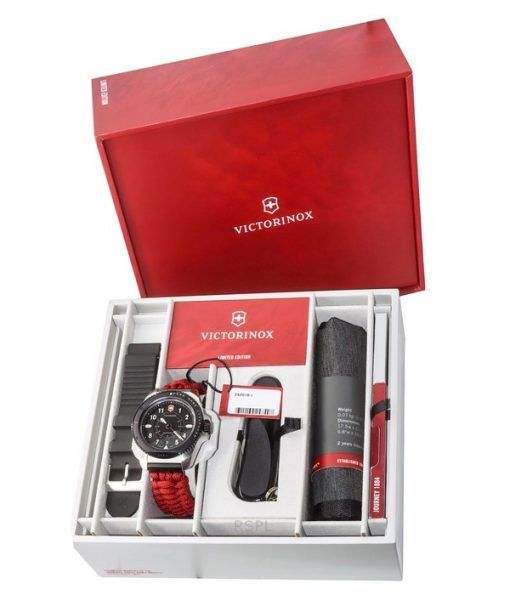 Victorinox Journey 1884 한정판 파라코드 스트랩 블랙 다이얼 쿼츠 다이버&#39,s 242016-1 200M 남성용 시계 선물 세트 포함