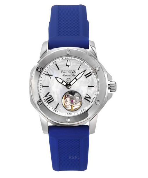 Bulova Marine Star 실리콘 스트랩 마더 오브 펄 다이얼 자동 96L324 100M 여성용 시계