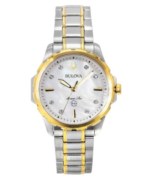 Bulova Marine Star 투톤 스테인리스 스틸 다이아몬드 악센트 마더 오브 펄 다이얼 쿼츠 98P227 100M 여성용 시계