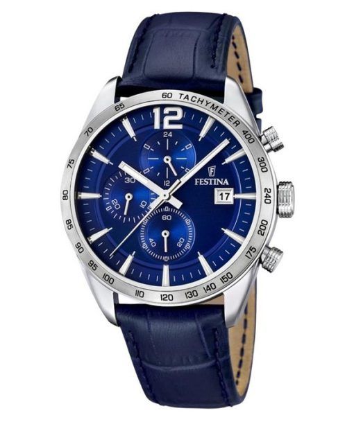 Festina Timeless 크로노그래프 가죽 스트랩 블루 다이얼 쿼츠 F16760-3 남성용 시계