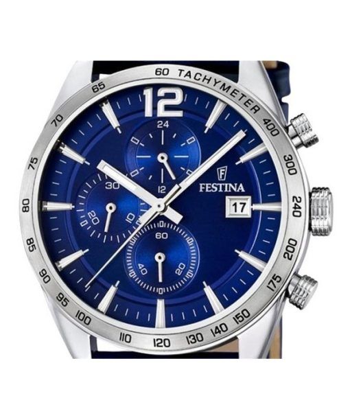 Festina Timeless 크로노그래프 가죽 스트랩 블루 다이얼 쿼츠 F16760-3 남성용 시계