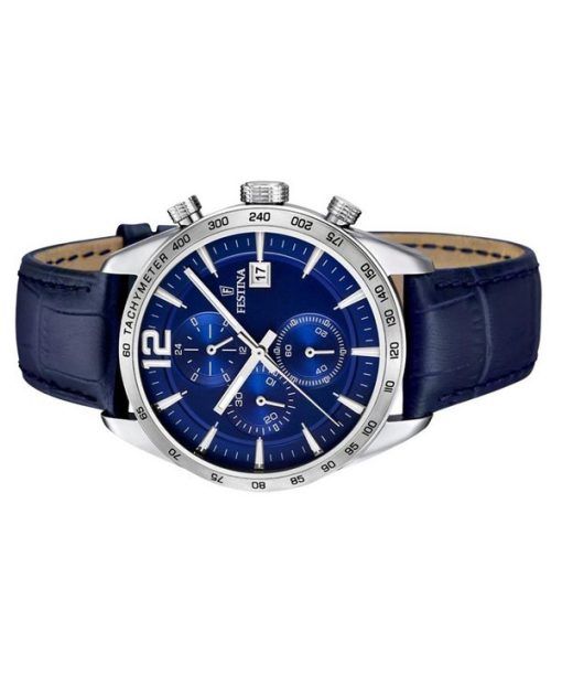 Festina Timeless 크로노그래프 가죽 스트랩 블루 다이얼 쿼츠 F16760-3 남성용 시계