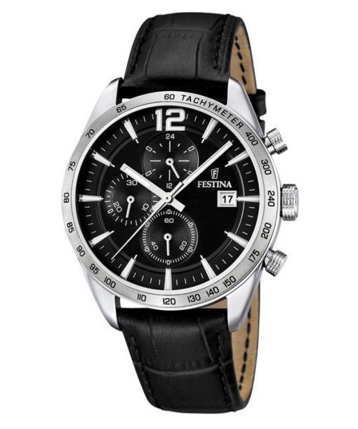 Festina Timeless 크로노그래프 가죽 스트랩 블랙 다이얼 쿼츠 F16760-4 남성용 시계