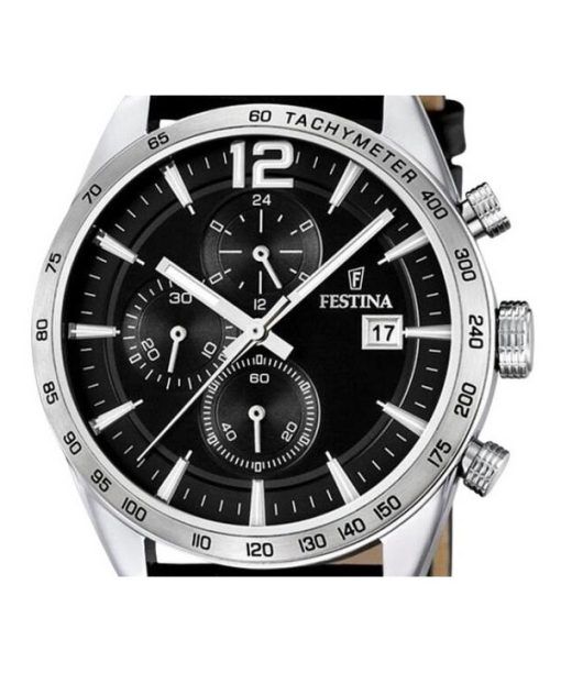 Festina Timeless 크로노그래프 가죽 스트랩 블랙 다이얼 쿼츠 F16760-4 남성용 시계