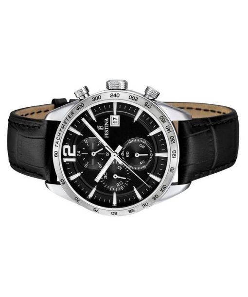 Festina Timeless 크로노그래프 가죽 스트랩 블랙 다이얼 쿼츠 F16760-4 남성용 시계