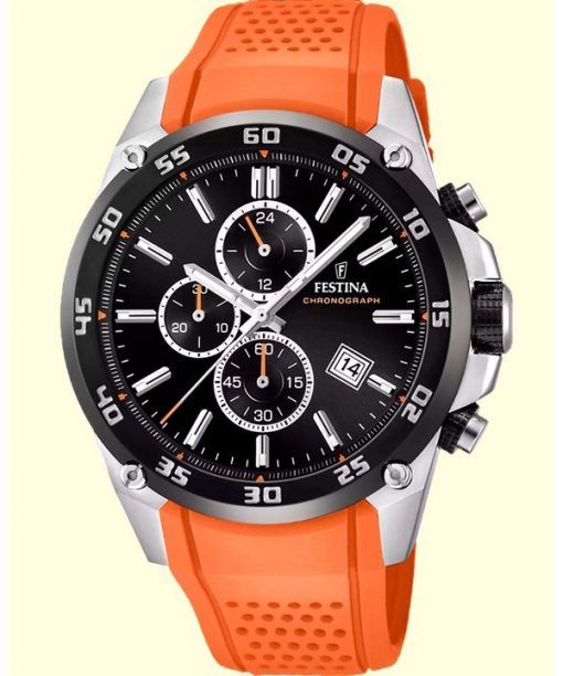 Festina The Originals 크로노그래프 오렌지 러버 스트랩 블랙 다이얼 쿼츠 F20330-4 100M 남성용 시계