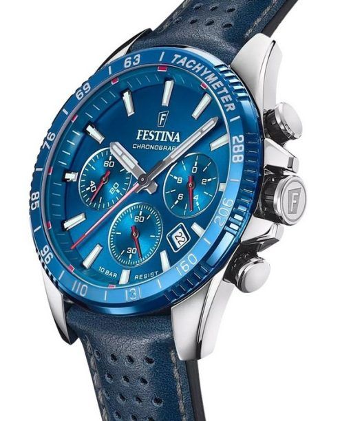 Festina Timeless 크로노그래프 가죽 스트랩 블루 다이얼 쿼츠 F20561-3 100M 남성용 시계