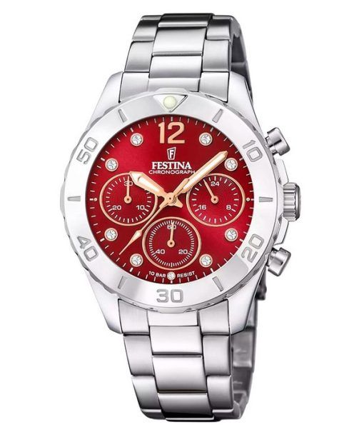 Festina Boyfriend 크로노그래프 스테인리스 스틸 레드 다이얼 쿼츠 F20603-2 100M 여성용 시계