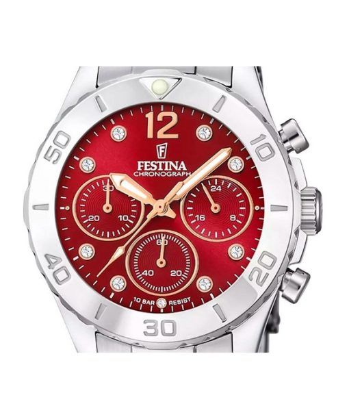 Festina Boyfriend 크로노그래프 스테인리스 스틸 레드 다이얼 쿼츠 F20603-2 100M 여성용 시계