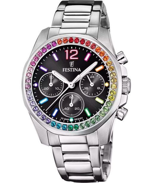 Festina Rainbow Chronograph Crystal Accents 스테인리스 스틸 블랙 다이얼 쿼츠 F20606-3 100M 여성용 시계